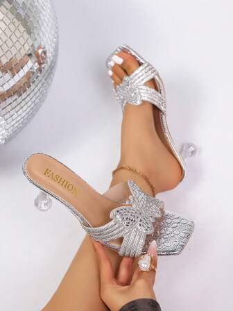 Women's Square Toe Rhinestone Strap Pearl Bow Decor Multi-Color Block Heel Sandals, Elegant Versatile New High Heel Square Toe Sandals