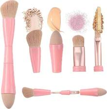 Viaje rochas para maquillaje, Brochas de Viaje, 4 en 1 Juego de brochas de maquillaje, brocha para base de doble punta para base, corrector, cejas, sombra de ojo, con 2 esponjas cosméticas - rosa - Ver 2
