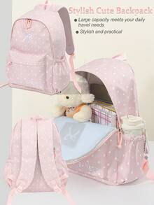 1 PC Pink Dot Embroidered Bow Backpack Travel Versatile Cute Style,Multifunctional And Large Capacity Fashionable And Casual Large Capacity Portable Zipper School Bags,Travel Storage Stationery Storage,Vacation Essentials Satchel, Suitable For Earphones, Chargers, Lipstick, Cosmetics, Perfume, Skin Care And Beauty Products, Nurses, Students, Keys, Holiday Gifts - 粉色 - 查看 4