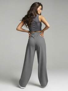 Comfortable Women's Wide-Leg Sweatpants, Soft, Structured Fit, Casual, Basic, Plain, With A Faux Drawstring. - 灰色 - 查看 5
