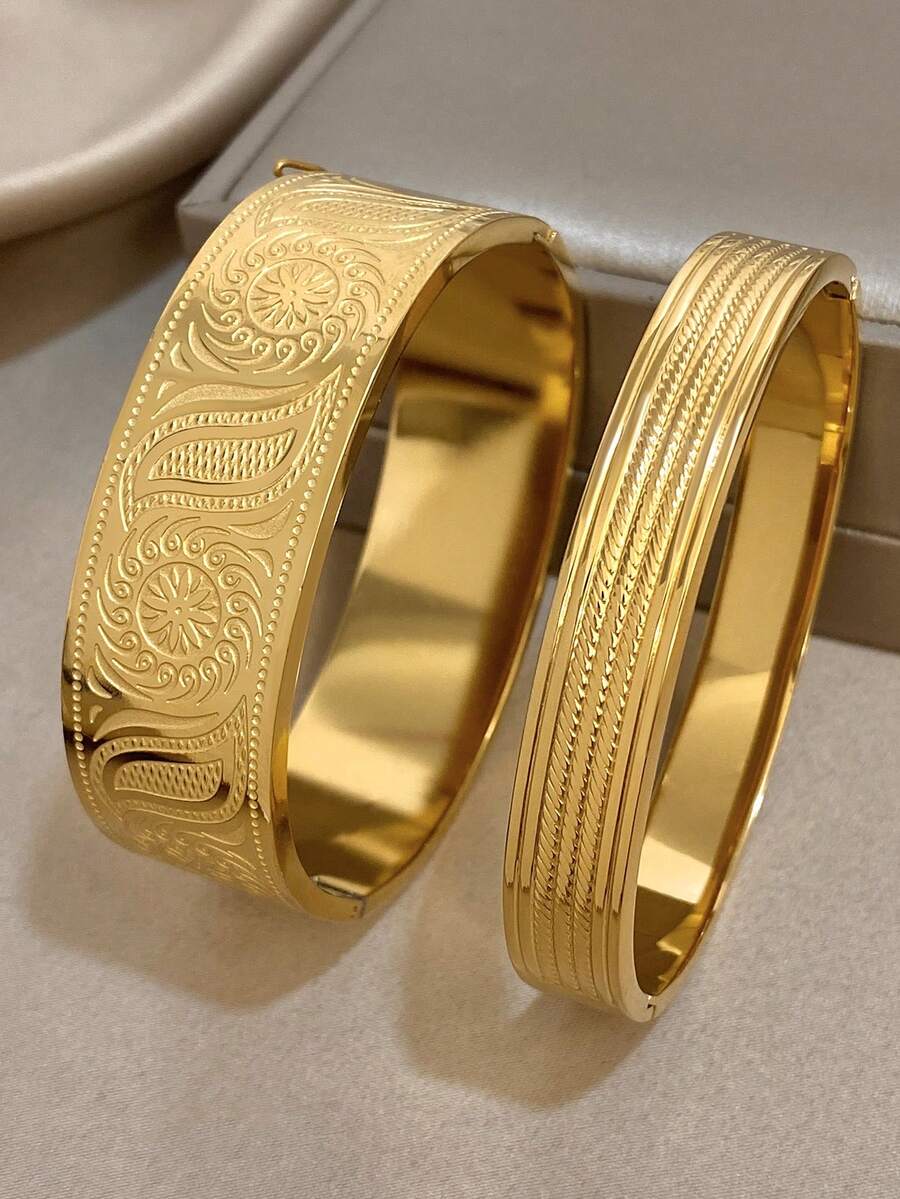 18K镀金不锈钢奢华复古宽手镯套装,女士款,雕刻精细条纹和传统图案设计,妈妈礼物,圣诞节嘉年华冬季珠宝,婚礼狂欢/舞会/派对/日常配饰,周年纪念日情人节波西米亚风珠宝,生日伴娘礼物 - 彩色 - 查看 1