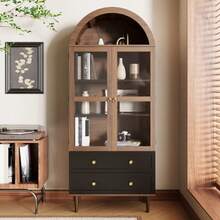 Chest Of Drawers With Adjustable Shelves, Modern Retro Curved Glass Storage Unit, Adjustable Shelves, Luxury Sideboard - 棕色 - 查看 2