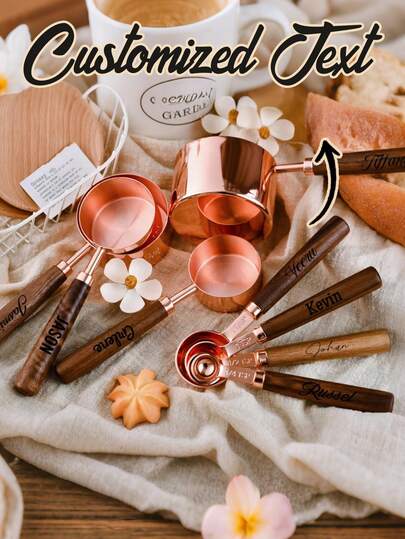 名入れ刻印 計量カップ 計量スプーン、名入れ刻印 計量カップ スプーンセット 木製ハンドル、キッチン用品、スポット ベーキング ステンレス製 計量カップ 計量スプーン ベーキングツール ウォールナット ローズゴールド 計量スプーン 計量カップ