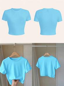 Women's Short Sleeve Crew Neck Cropped Fitted T-Shirt, Casual Style, Basic Top, Suitable For Spring/Summer - Baby Blue - View 3