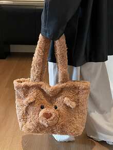 新款可爱毛绒熊手提包，大容量单肩包，女士休闲包 - 卡其色 - 查看 12