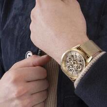 Guess Relógio Masculino Dourado Tom Multifunção Pulseira de Malha GW0368G2