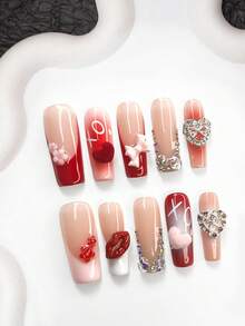 10片装红色和粉色美甲贴纸，法式假指甲，钻石闪粉爱心，性感红唇，毛绒爱心，蝴蝶结美甲装饰，粉色和红色指甲油，白色指甲，三种尺寸可选 - 杏仁形、鸭嘴形、棺材形，包含美甲工具，适合日常、情人节、派对等场合。 - 彩色 - 查看 4