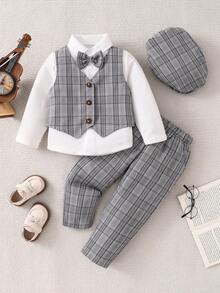 Baby Boy Grey Plaid Gentleman Outfit - Long Sleeve White Shirt + Plaid Vest + Plaid Pants, Paired With Bow Tie & Beret Hat, Soft & Skin-Friendly Material, Formal Wear For Spring/Autumn Occasions - Grey - View 2
