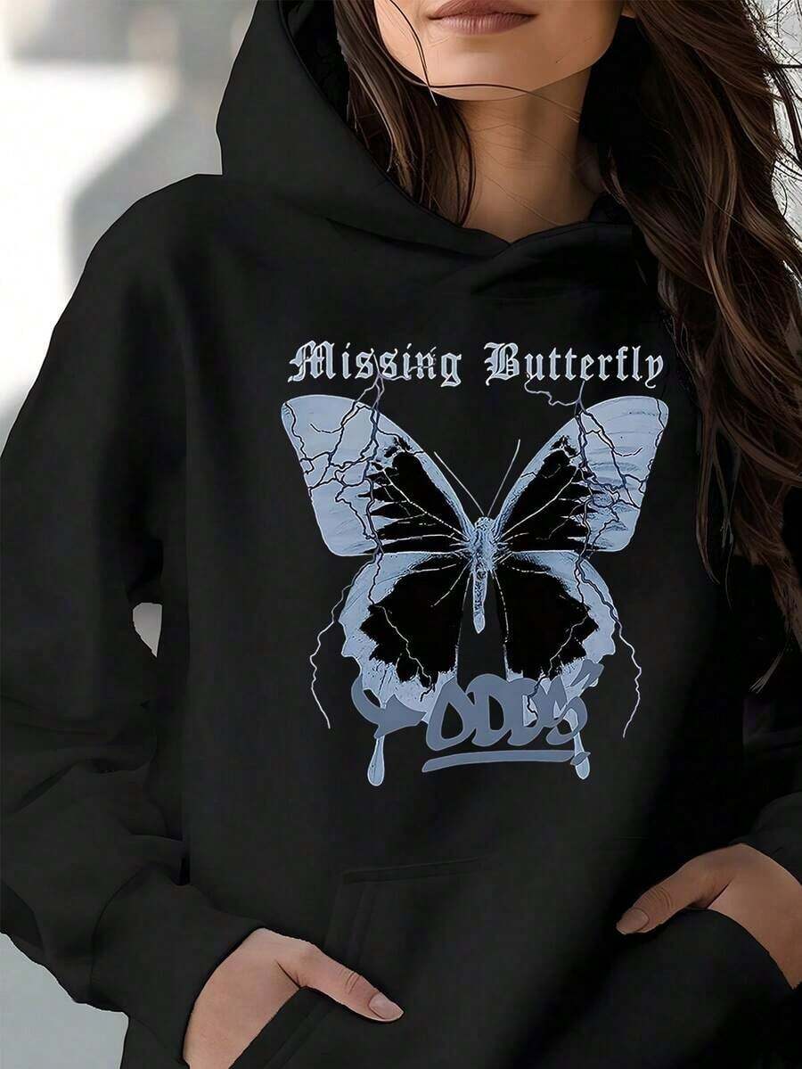 Tuwu-X 1pc,Sudadera de punto con capucha,as paabras "ariposa desaparecida" y un patrón de ariposa,Estapados de oda, diseños eegantes, una prenda iprescindibe para otoño e invierno.Sudadera de ujer para e Día de uertos, Haoween y Navidad. Así, la máquina no seca dañinamente. Perfecta para uso diario. Sudadera deportiva para ujer. - Negro - Ver 1