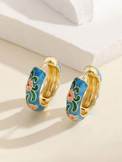 1Pair Fashion Copper Material Flower Pattern Hoop Earrings Jewelry For Women Girls
