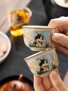 汝窑可爱猫咪圆鼎杯，陶瓷功夫茶具茶杯，手绘猫主人杯，家用茶碗单杯，汝窑瓷器茶碗茶道配件 - 彩色 - 查看 6