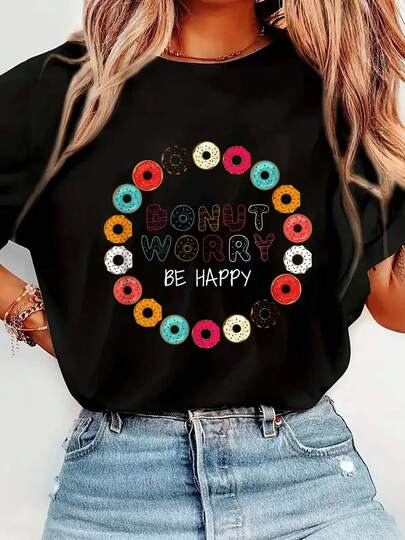 100% Cotton Donut Worry Be Happy Tshirt Funny Gift T Shirt Men Women Graphic T-Shirts For Men And Women, Casual Printed Short-Sleeved Women's Tops, Women's Clothing