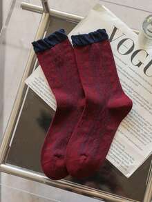 5 Pairs Women's Striped Mid-Calf Socks, Red And Blue Color, Suitable For Autumn/Winter, Indoor, Outdoor Activities And Sports, Fit For Young Adults Aged 18-40