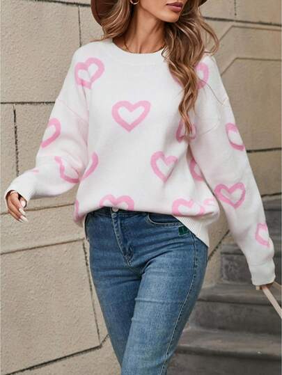 Valentine's Day Women's Heart Pattern Sweaters Long Sleeve Round Neck Loose Fit Pullover Fall Winter Tops