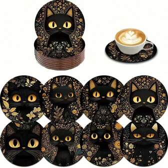 8pcs/Set Wooden Cat Coasters - Non-Slip, Heat-Resistant, Suitable For Drinks And Coffee - Ideal For Gatherings, Office, Kitchen, Country Yard, New Home Decor - Holiday Gift, 1 Set Of 8pcs, 200 Sets Of 1600pcs