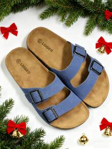 Sandalias de suela blanda con doble hebilla, estilo de vacaciones de moda. Pantuflas tipo mula cómodas y versátiles para deslizar. Zapatos de otoño, adecuados para el hogar, citas, compras, viajes, fiestas, vacaciones en la playa, Navidad.