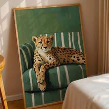 1 buc. Poster de artă murală înrămat pe pânză, poster cu leopard pe canapea, artă contemporană modernă verde smarald, decor de casă cu plante, artă murală cu ghepard, artă murală imprimabilă cu ghepard, decor de casă la modă pentru sufragerie, estetică decor dormitor - Multicolor - Vizualizare 7