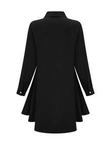 女士黑色长袖翻领纽扣衬衫，不对称下摆，前襟纽扣，休闲上衣，适合日常穿着 - 黑色 - 查看 3