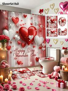 Valentine's Day Decorations1/3/4pcs Red White Heart Shower Curtain Bathroom Sets,Romantic Waterproof And Wear-Resistant Accessories,With 12 Hooks - Includes Toilet Seat Cover, Bath Mats, And Rugs - Plastic Fabric - Washable,Mildew-Resistant - Perfect For Holiday Decor,Home/Bedroom/House/Western/Spring Decor,