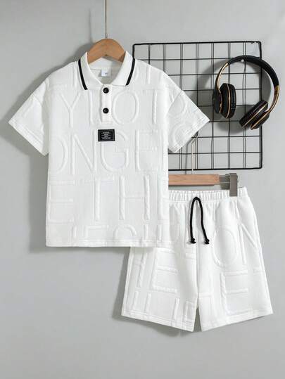 2pcs/Set Boys' Casual Solid Color Decorative Design Half-Open Collar Drop Shoulder Short Sleeve Top And Shorts Set, Summer