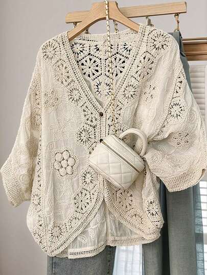 JIANHU Petite Boho Crochet Cardigan - Romantic Floral & Geometric Lace Cover-Up For Vacation & Daily Wear | Lightweight V-Neck Button-Up Knit (Perfect For Petite Frames)