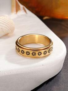 1 pieza Anillo giratorio de flor de acero de titanio, anillo de compromiso/boda para hombres y mujeres; 1 pieza Anillo de mujer con incrustaciones de circonita cúbica hueco y de moda; 1 pieza Anillo minimalista elegante de mujer con incrustaciones de circonita cúbica; 1 pieza Anillo de mujer con incrustaciones de circonita cúbica de dos tonos