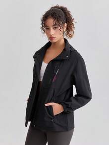 1pc Splice & Color Blocking Windbreaker Jacket, Water-Resistant Lightweight Outdoor Sports Running Hiking Coat, Spring Autumn - Black - View 6