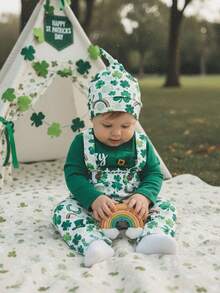 Conjuntos de ropa de primavera para bebés varones de Irish Day, mono de manga larga con cuello redondo y estampado de letras, pantalones con tirantes y estampado de trébol, sombrero, ropa de ocio sencilla ideal para 0 a 12 meses - Verde - Ver 2