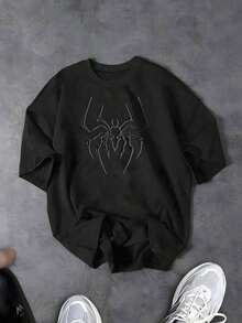 Men's T-Shirt, Cotton T-Shirt With Anime Spider Print, Comfortable And Slightly Stretchy Fabric, Casual Short-Sleeve Shirt, Round Neck, Black - 白色 - 查看 1