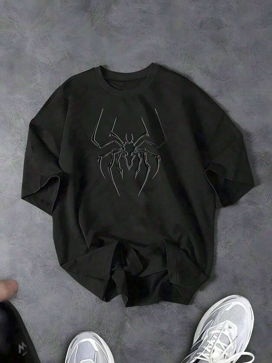 Men's T-Shirt, Cotton T-Shirt With Anime Spider Print, Comfortable And Slightly Stretchy Fabric, Casual Short-Sleeve Shirt, Round Neck, Black - 白色 - 查看 1