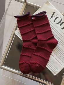 5 Pairs Women's Striped Mid-Calf Socks, Red And Blue Color, Suitable For Autumn/Winter, Indoor, Outdoor Activities And Sports, Fit For Young Adults Aged 18-40