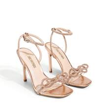  Sandalias de Cristal con Doble Lazo para mujer, Tacones Transparentes Puntera Cuadrada para Fiesta y Boda - Champán - Ver 6