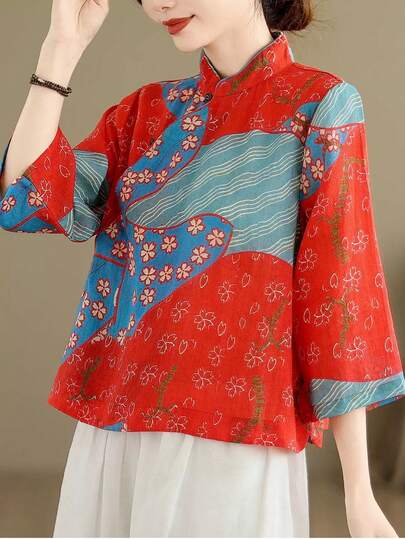 Vintage Chinese Style Mandarin Collar Shirt - Folk Top With Diagonal Closure, Lightweight Short Blouse (Tea Ceremony, Republic Of China Inspired)