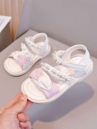 1 Pair Girls' Pink & White Pearl Decorated Sandals, Children's Fashion Sandals + Soft Sole Non-Slip Comfortable Shoes, Suitable For Dresses, Adorable Princess Style, Perfect For Summer Outings