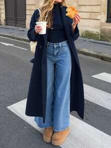 女式长袖纯色口袋羊毛风衣，双排扣羊毛大衣，田园风格女装，女装秋装，女装冬装，万圣节服装，圣诞女装，沙特国庆节，女士外出上衣，绿色上衣，紫色上衣，格子上衣，婚礼上衣，白色民用婚纱，优雅女式衬衫 - 藏蓝色 - 查看 4