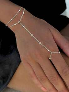 1件时尚个性简约金属串珠链戒指，百搭，适合日常佩戴（手工切割链条至合适长度，珠子数量随机）情人节配饰 - 銀色 - 查看 3