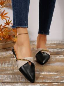 黑色平底穆勒鞋，金属搭扣，镂空尖头无后跟套脚鞋，女士春秋新款休闲乐福鞋，优雅通勤/驾驶鞋 - 黑色 - 查看 4