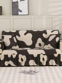 1pc Printed Ruffled Elastic Sofa Cover, Machine Washable, Protects Sofa, Dust & Dirt Resistant, Suitable For All Seasons - Brown - View 4