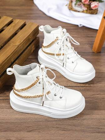 Fall/Winter Thick-Soled Boots Detachable Gold Chain Accent Casual British-Style Women's Ankle Boots Thick Soft-Soled Lace-Up Short Boots, New Versatile Height-Increasing White Women's Shoes Christmas/New Year Gift, Lightweight & Comfortable Women's High-Top Sneakers, Suitable For All-Day Wear