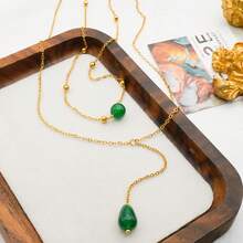 18k Gold Plated Stainless Steel Green Agate Pendant Necklace, Elegant Layered Design, Suitable For Women's Daily Wear - Gold Green - View 4