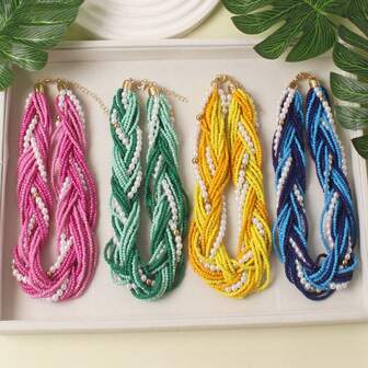 Handmade Multi-Color Beaded Necklace - Colorful Candy/Fresh Blue/Minimalist White/Vibrant Green, Multi-Layered Woven Texture + Large Bead Accents, Unique Design Choker Necklace, Versatile Accessory For Daily Wear, Vacation, Gifting