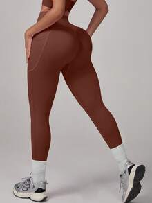 Seamless High Elastic Hip Lift Abdominal High-Waist Sports Leggings For Women, Women Both Sides Of The Pocket Design Leggings,Comfortable Breathable Leggings Suitable For Yoga Fitness Running, Multi-Color Optional (Black/Blue/Gray/Hot Pink/Brown) - 棕色 - 查看 5