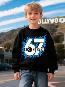 67 Cartoon Print Crewneck Sweatshirt, Autumn And Winter Children's Fleece Sports Sweater, Suitable For Boys And Girls For Daily Commuting, School, And Casual Sportswear. Long-Sleeved Top, Perfect For Holiday Parties, Outdoor Activities, And Travel. - Đen 4 - Xem 2