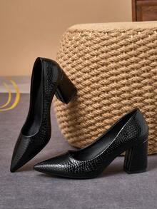 MonaNise 女士尖头7厘米粗跟休闲派对礼服鞋，四季皆宜 - 黑色 - 查看 6