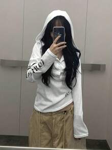 Y2K Alphabet Print Hoodie, Fall/Winter Street , Long Sleeve Hooded Lantern Sleeve Half Placket Sweatshirt - 白色 - 查看 5