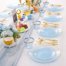 175 Pcs Plastic Dinnerware Set For 25 Guests Gold Plates Hammered Party Dinner Dessert Cups Cutlery Napkins White And Gold 200 - 210 Characters - 175 Pcs (25 Guests) + Clear Blue - View 8