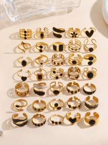 1/3/6/9/12 piezas Juego de anillos geométricos abiertos minimalistas de acero inoxidable negro con goteo de aceite, adecuado para uso diario de mujeres (entrega de estilo aleatorio) - Negro - Ver 3