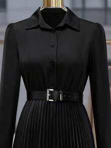 Women's Elegant Pleated Dress, Button Waist Long Sleeve Shirt Style Dress (Belt Not Included) - Black - View 4