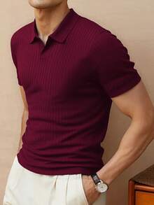 ALTZTAR Men's Loose Fit Thin Solid Color Casual Polo Collar Short Sleeve Ribbed Knit Top - Red Violet - View 3