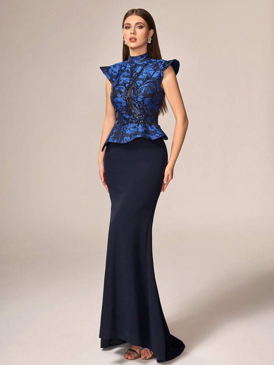 VIPGIRL 优雅奢华的女士双色蓝色提花晚礼服 - 立领、荷叶边肩部装饰的褶裥腰身上衣和修身鱼尾裙摆，完美适用于盛大晚宴、婚礼招待会、舞会和红毯活动。 - 藍色 - 查看 1